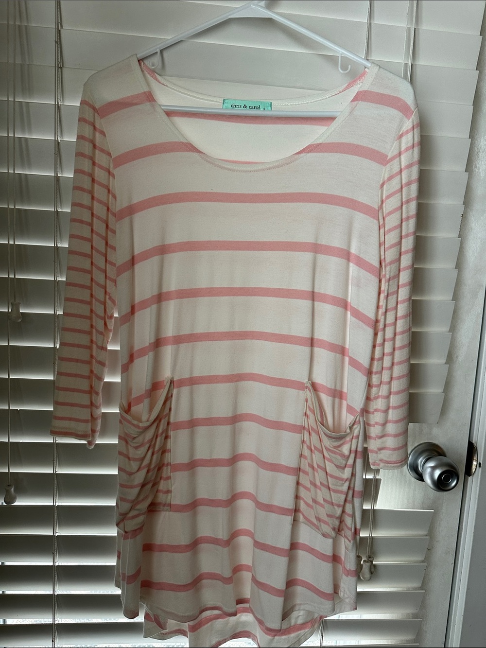 Chris & Carol Cream Tunic with Pink Stripes and Front Pockets
